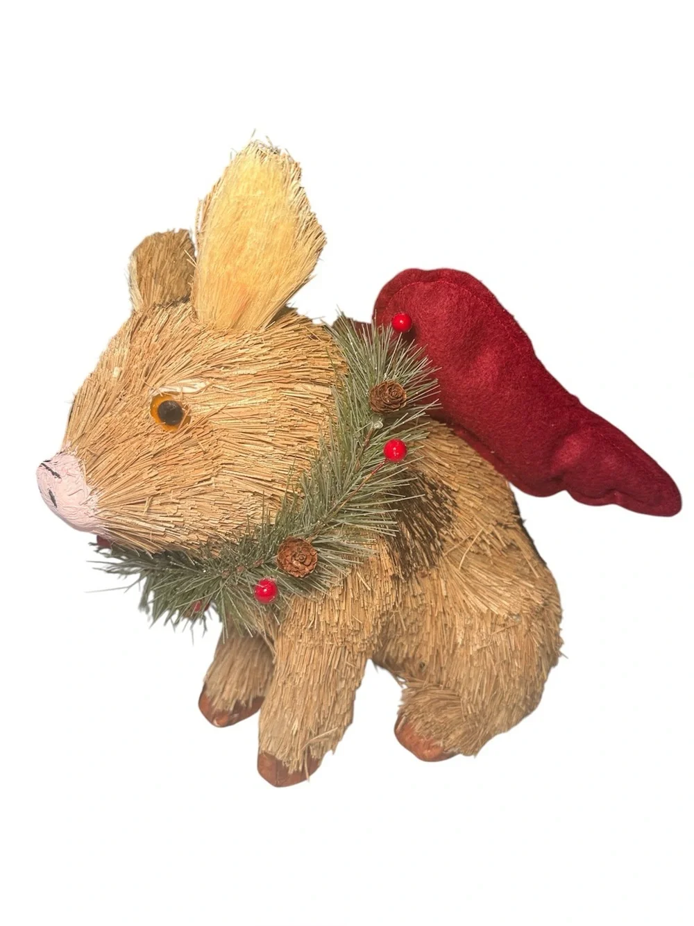 Pier 1 Imports Sisal Brown Christmas Pig with Wreath and Wings NWOT